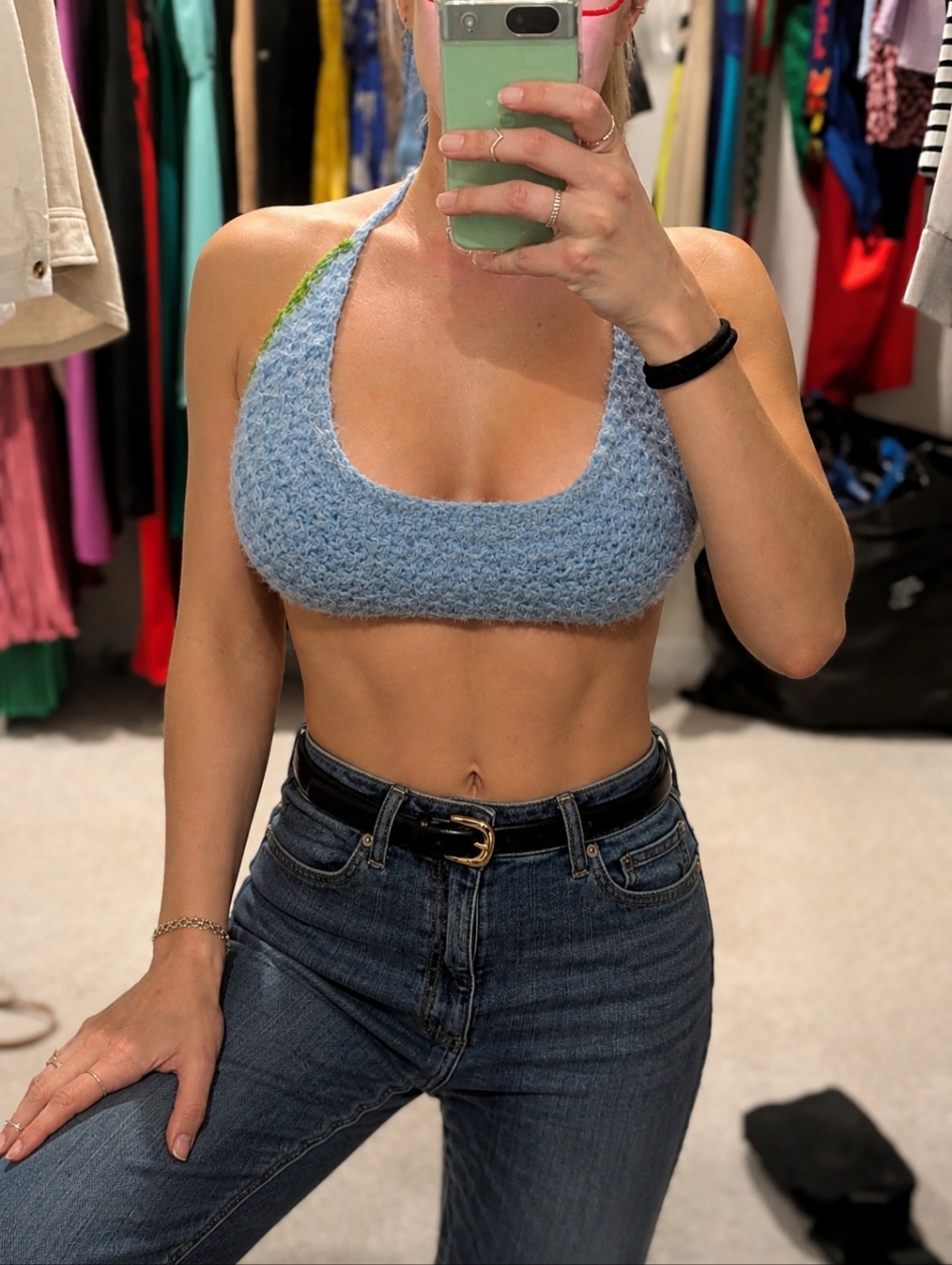 Hand Knit Light Blue And Lime Green Halter Bandeau Crop Top